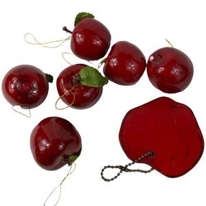 Vintage Handmade Apple Ornaments Wood Hanging 7 Item Lot CottageCore Home Decor